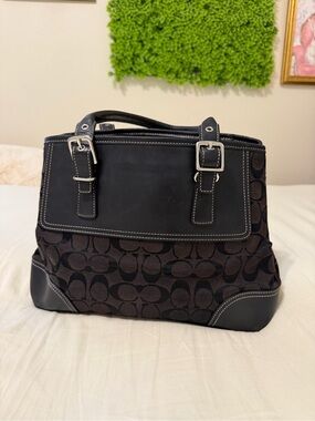 Coach Hampton Black Signature Shoulder Bag with Leather Trim